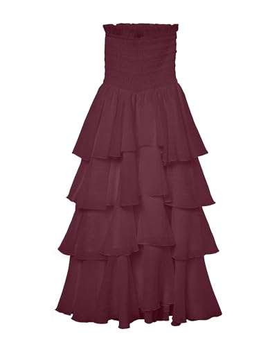 Cusghjbsg Ärmelloses Damenkleid, Sommerkleid, einfarbig, trägerlos, plissiert, schulterfrei, rückenfrei, mehrlagig, Kuchen, langes Cocktail-Partykleid, Burgund a, M Cusghjbsg Ärmelloses Damenkleid, Sommerkleid, einfarbig, trägerlos, plissiert, schulterfrei, rückenfrei, mehrlagig, Kuchen, langes Cocktail-Partykleid, Burgund a, M von Cusghjbsg