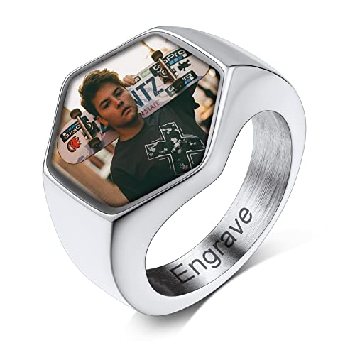 Custom4U Benutzerdefierte Foto Ringe Schmuck mit Bild/Wunsch/Text/Namen Gravur Edelstahl Herren Damen Fingerring Sechseckiger Bildring Siegelring für Liebe Memorial von Custom4U