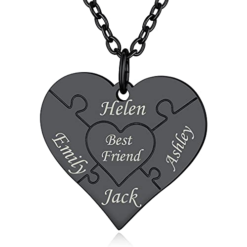 Custom4U Edelstahl Paar Halskette mit Herz Anhänger Schwarz Damen Halskette mit 4 Namen 51cm + 5cm Halskette Damen Kette Herz Anhänger Namenskette von Custom4U