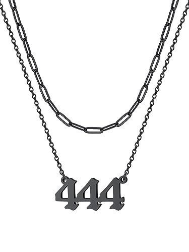 Custom4U Layering Engelsnummer 444 Halskette Frauen Mädchen Edelstahl Paperclip Gliederkette mit Glückszahl 444 Anhänger Numerologie Schmuck in Schwarz von Custom4U