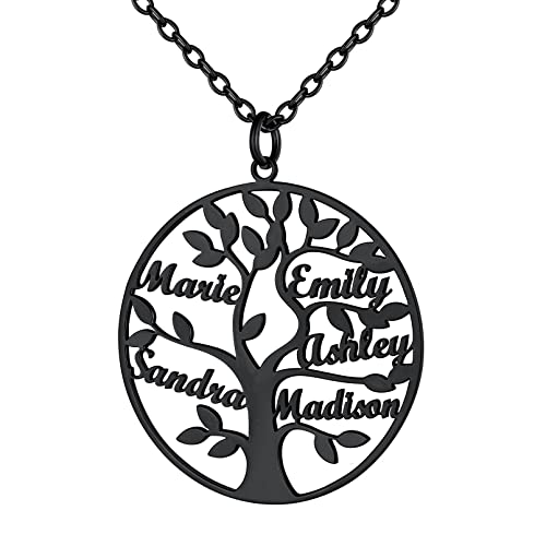 Custom4U Personalisierte Baum des Lebens Anhänger Halskette Namenskette mit 5 Namen Gravur 925 Silber Lebensbaum Familiensbaum Anhänger Halskette in Schwarz für BFF Kette Familienkette von Custom4U