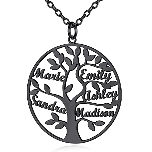 Custom4U Personalisierte Baum des Lebens Anhänger Halskette Namenskette mit 5 Namen Gravur Edelstahl Schwarz Lebensbaum Familiensbaum Anhänger Halskette für BFF Kette Familienkette von Custom4U