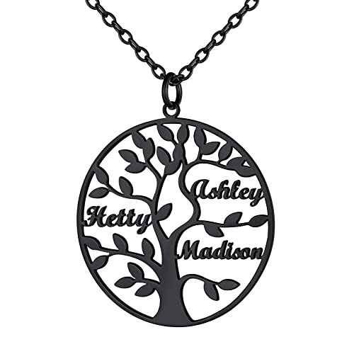 Custom4U Personalisierte Baum des Lebens Halskette mit 3 Namen Gravur 925 Silber Namenskette mit Lebensbaum Anhänger in Schwarz Damen Frauen Mädchen BFF Kette Famiienskette von Custom4U