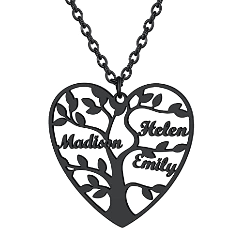 Custom4U Personalisierte Baum des Lebens Halskette mit 3 Namen Gravur Edelstahl Namenskette mit Herz Lebensbaum Anhänger in Schwarz Damen Frauen Mädchen BFF Kette Famiienskette von Custom4U