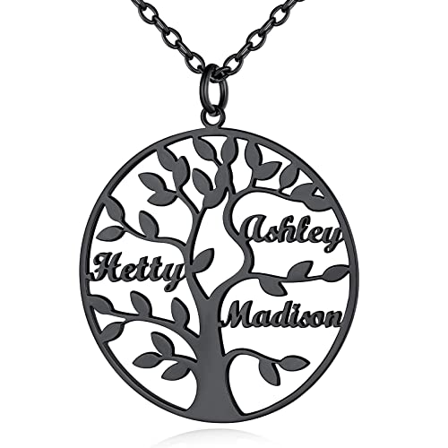 Custom4U Personalisierte Baum des Lebens Halskette mit 3 Namen Gravur Edelstahl Namenskette mit Lebensbaum Anhänger in Schwarz Damen Frauen Mädchen BFF Kette Famiienskette von Custom4U