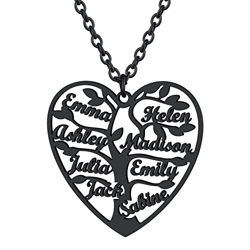 Custom4U Personalisierte Lebensbaum Anhänger Halskette mit 8 Namen Gravur Edelstahl Schwarz Namenskette mit Herz Stammbaum Anhänger Schmuck Geschenke für Muttertag Weihnachten Geburtstag von Custom4U