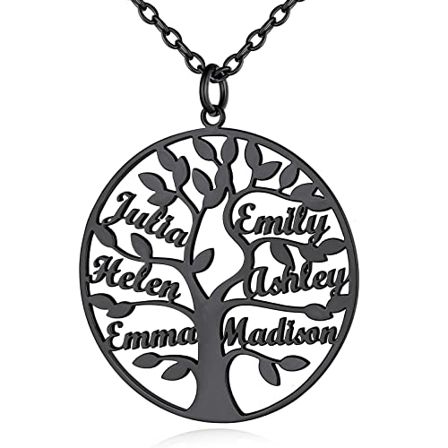 Custom4U Personalisierte Lebensbaum Namenskette mit 6 Namen Gravur 925 Silber Damen Namenskette mit Stammbaum des Lebens Anhänger in Schwarz Schmuck Geschenk für Muttertag Weihnachten Geburtstag von Custom4U