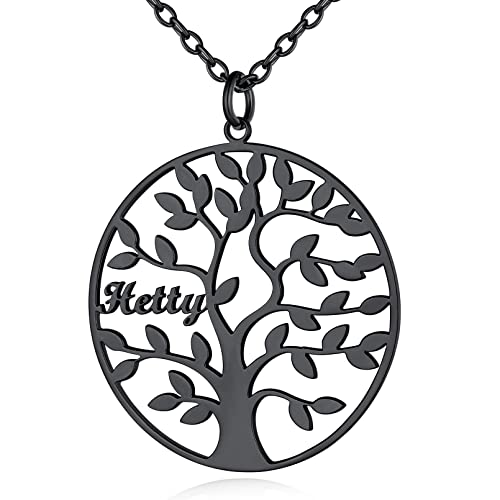 Custom4U Personalisierte Stammbaum Kette mit Namegravur Edelstahl Schwarz Namenskette mit Lebensbaum Anhänger Geschenke für Muttertag Weihnachten Geburtstag von Custom4U