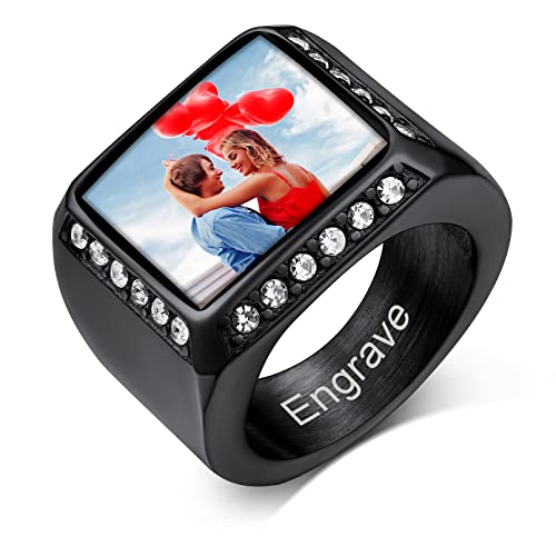 Custom4U Stapelbarer Herren Damen Fotoring Benutzerdefinierter Edelstahl Foto Fingerring mit Eigenem Gravur Punk Männer Jungen Zirkonia Siegelring Foto Bandring von Custom4U