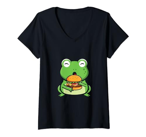 Damen Lustige Frosch-Hamburger-Liebhaber für Männer, Frauen, Kinder T-Shirt mit V-Ausschnitt von Cute Funny Frog Hamburger Day Fast Food Lover
