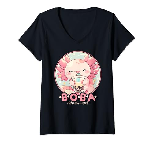 Damen Kawaii Axolotl Boba Anime Axolotl Liebender Bubble Tea Neko T-Shirt mit V-Ausschnitt von Cute Kawaii Axolotl Boba Tea Neko