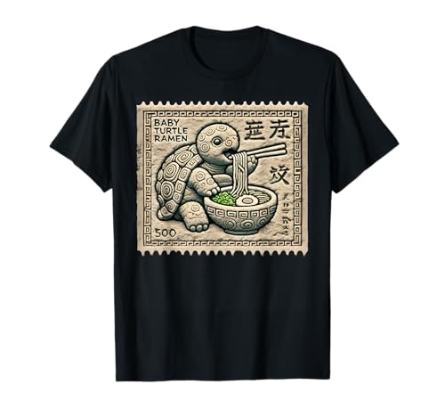 Japanische Steinkunst Briefmarke Baby Schildkröte Ramen T-Shirt Japanische Steinkunst Briefmarke Baby Schildkröte Ramen T-Shirt von Cute Sea Turtle Enthusiast Reptile Apparel