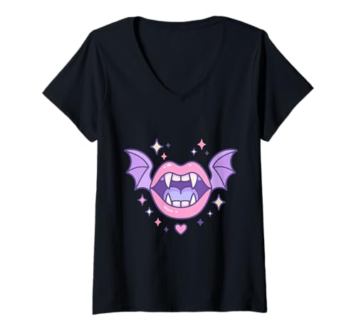 Damen Pastell Goth Vampir Mund Niedlich Fledermaus Flügel Horror Gruselig T-Shirt mit V-Ausschnitt Damen Pastell Goth Vampir Mund Niedlich Fledermaus Flügel Horror Gruselig T-Shirt mit V-Ausschnitt von Cute chubby aesthetic kawaii creepy clothes