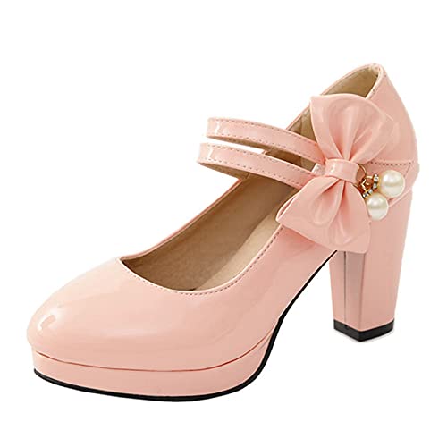 CuteFlats Damen Dress Bogen Klettverschluss Blockabsatz Pumps (Rosa, 40 EU) von CuteFlats