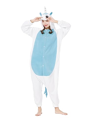 CuteOn Erwachsene Tier Jumpsuits Partei Pyjamas Dame Halloween Onesie Cartoon Performance Kostüme Pyjama Herren Loungewear-Einhorn-Blau-S von CuteOn