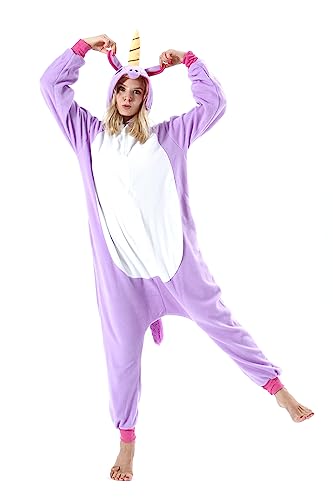 CuteOn Erwachsene Tier Jumpsuits Partei Pyjamas Dame Halloween Onesie Cartoon Performance Kostüme Pyjama Herren Loungewear-Einhorn-Lila-L von CuteOn