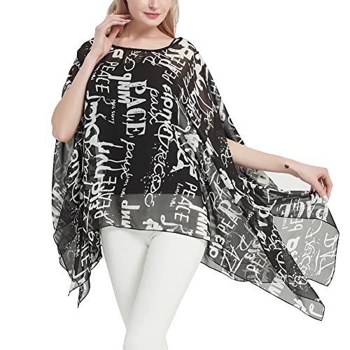 CuteSwan Damen Lagenlook Kaftan Fledermausärmel Chiffon Bluse Bohemia Loose Floral Blusen Tunika, Schwarz mit Buchstaben, One Size Plus von CuteSwan