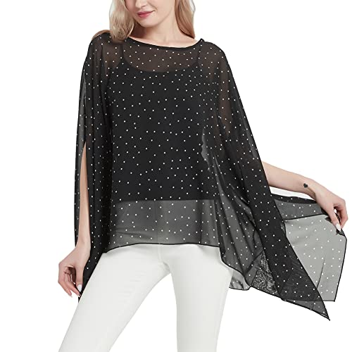 CuteSwan Damen Lagenlook Kaftan Fledermausärmel Chiffon Bluse Bohemia Loose Floral Blusen Tunika, Schwarz mit Punkten, One Size Plus von CuteSwan