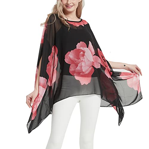 CuteSwan Damen Lagenlook Kaftan Fledermausärmel Chiffon Bluse Bohemia Loose Floral Blusen Tunika, Schwarz mit rosa Blumenmuster, One Size Plus von CuteSwan