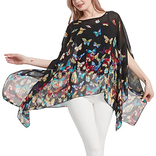 CuteSwan Damen Lagenlook Kaftan Fledermausärmel Chiffon Bluse Bohemia Loose Floral Blusen Tunika, Schwarze Schmetterlinge, One Size Plus von CuteSwan