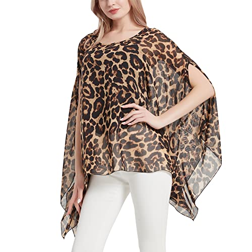 CuteSwan Damen Lagenlook Kaftan Fledermausärmel Chiffon Bluse Bohemia Loose Floral Blusen Tunika, leopardenmuster, One Size Plus von CuteSwan