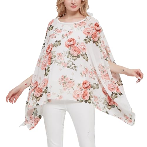 CuteSwan Damenbluse, Lagenlook, Kaftan, Fledermausärmel, Chiffon-Bluse, Bohemia, lockere Blusen, Tunika, Weiß mit rosa Rose, One Size Plus von CuteSwan