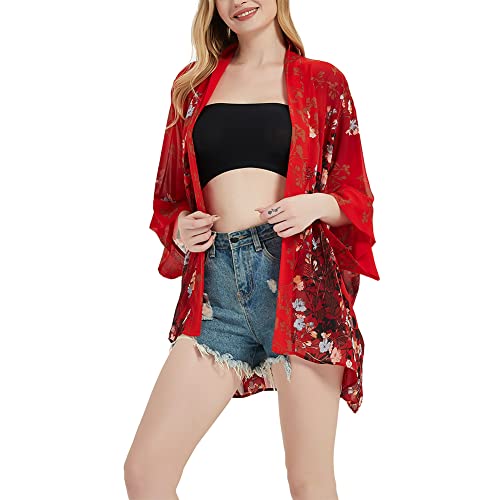 Damen Boho Blumendruck Kimono Bikini Cover Up Sheer Chiffon Lose Cardigan Bluse Wrap, Rot mit Blumenmuster, Einheitsgröße Große Größen Tall von CuteSwan