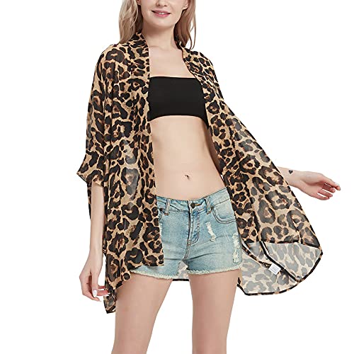 Damen Boho Blumendruck Kimono Bikini Cover Up Sheer Chiffon Lose Cardigan Bluse Wrap, leopardenmuster, One size von CuteSwan