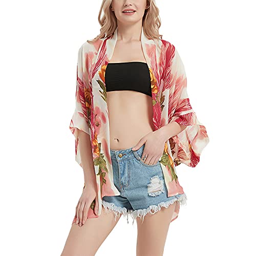 Damen Boho Floral Print Kimono Bikini Cover Up Sheer Chiffon Lose Cardigan Bluse Wrap, Rot von CuteSwan