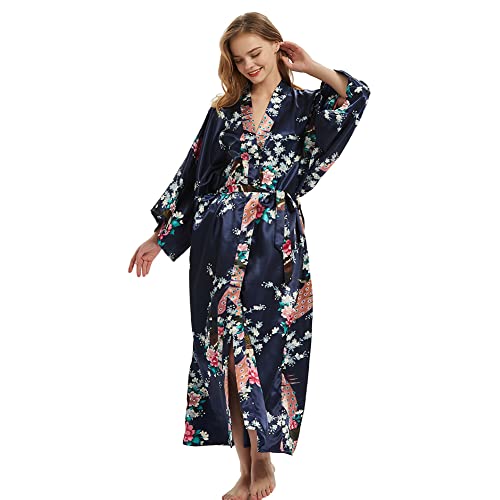 Damen-Kimono, Morgenmantel, Blumenmuster, bedruckt, Cardigan für Frauen, Hochzeit, Party, Schlafanzug, Pfauenblumen, Marineblau, Einheitsgröße Große Größen Tall von CuteSwan