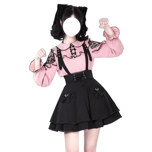 Cuteighteen Goth Minirock für Teenager, hohe Taille, Y2K, süße Spitze, Lolita, A-Linie, ausgestellt, Kawaii, Strapsröcke mit Schleife, Schwarz, Mittel von Cuteighteen