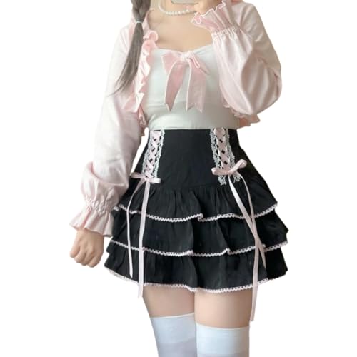 Cuteighteen Lolita gestufter Minirock für Damen, Kawaii, geschichtete Rüschen, hohe Taille, Schnürung, A-Linie, niedliche Röcke für Teenager-Mädchen, Schwarz, Klein von Cuteighteen