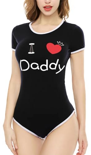 CutiePlusU Baumwolle Knopf im Schritt Bodysuits Erwachsene Strampler Basics Onesie- Ich liebe Daddy Schwarz M von CutiePlusU