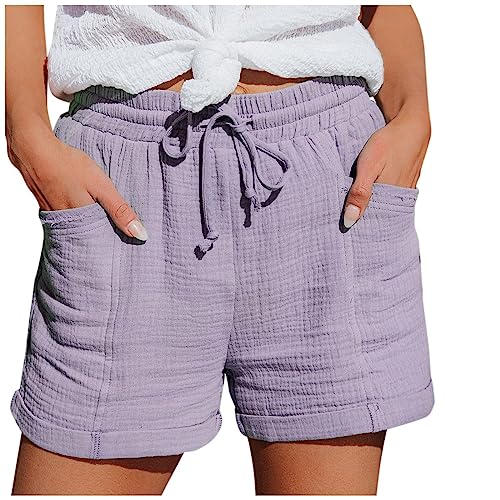 Cvanxluy Kurze Shorts Damen Sommer Locker: Mode Baumwolle Musselin Hose mit Hoher Taille Gerades Bein Sport Lässige Shorts mit Kordelzug und Taschen Gummiband Freizeit Shorts Elastische Stoffhose von Cvanxluy