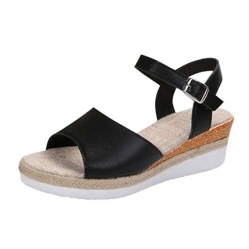 Cvanxluy Plateau Sandalen Damen Leder Bequem Leder Plateausandalen Schuhe mit Absatz Platform Strandschuhe Sandalen Slingback Low Wedge Keilsandalen Riemchensandalen Schwarz Beach Sommerschuhe von Cvanxluy