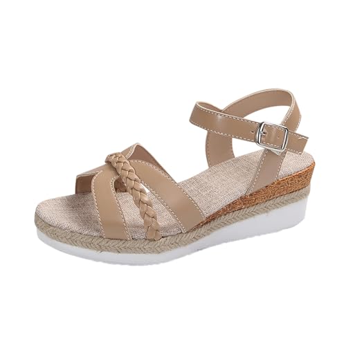 Cvanxluy Sandalen Plateau Damen Elegant Waschbare Leder Schuhe Riemchensandalen mit Absatz Beige Keilsandalen Sommerschuhe Low Freizeit Hausschuhe Plateausandalen Frauen Low Wedge Strandschuhe von Cvanxluy