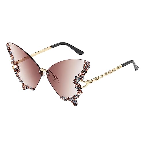 Cvanxluy Schmetterlings Sonnenbrille Damen Vintage Randlose Sonnenbrille Diamant Schmetterling Sunglasses Strass Schmetterlingsform Brille Groß Partybrille für Frauen Foto Requisite von Cvanxluy