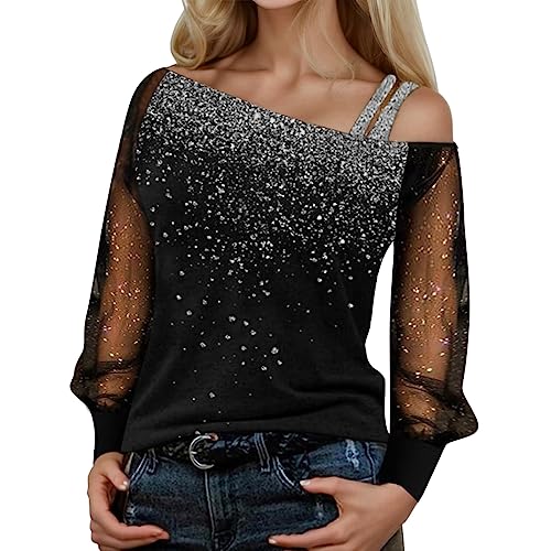 Glitzer Oberteile Damen: Elegant Glitzer Party Blusen Shirt Langarm Sexy Schulterfreies Oberteile Glitzerbluse Rot Festliche XXXL Glitzershirt Bluse Pailletten Große Größen Oberteil von Cvanxluy