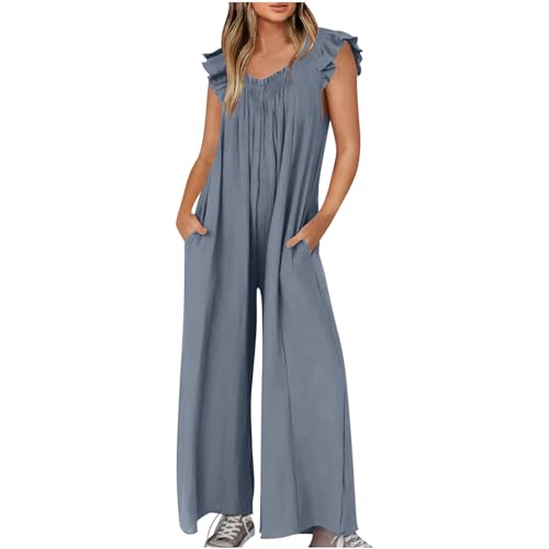 Cysincos Jumpsuit Damen Lässig Sommer Lang Locker Overall Elegant Ärmellos Einteiler Weites Bein Casual Outfit Hosenanzug Latzhosen Loose Fit(Rüsche/Graublau,M) von Cysincos