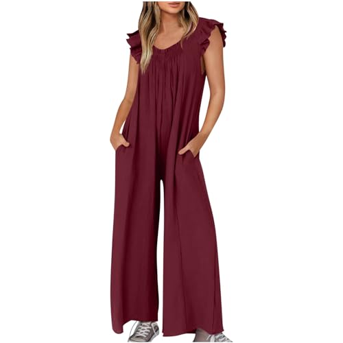 Cysincos Jumpsuit Damen Lässig Sommer Lang Locker Overall Elegant Ärmellos Einteiler Weites Bein Casual Outfit Hosenanzug Latzhosen Loose Fit(Rüsche/Weinrot,M) von Cysincos