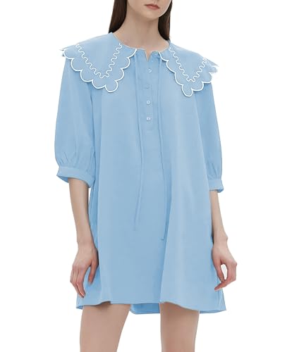 D-Sun Damen Babydoll-Minikleid, Sommer, 3/4-Ärmel, Rundhalsausschnitt, lockere A-Linie, fließendes Swing-Minikleid, Blau, Groß D-Sun Damen Babydoll-Minikleid, Sommer, 3/4-Ärmel, Rundhalsausschnitt, lockere A-Linie, fließendes Swing-Minikleid, Blau, Groß von D-Sun
