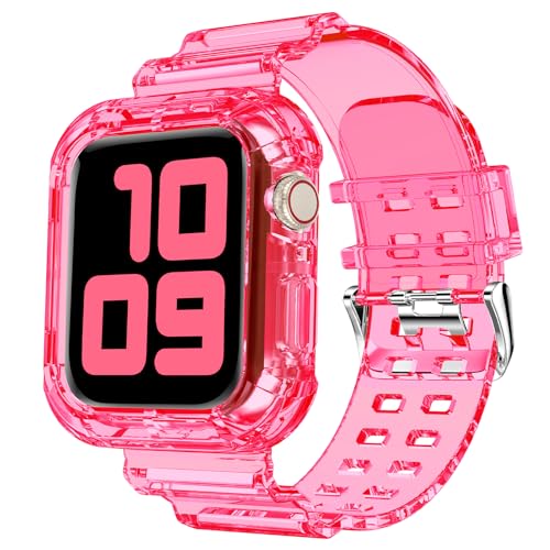 DABAOZA Kompatibel mit transparentem Apple Watch-Armband 41 mm, 40 mm, 38 mm mit Hülle, Damen, Mädchen, Kristallarmband und Stoßfänger für iWatch Band SE Serie 8/7/6/5/4/3/2/1 (neonrot, 41 mm/40 mm) von DABAOZA
