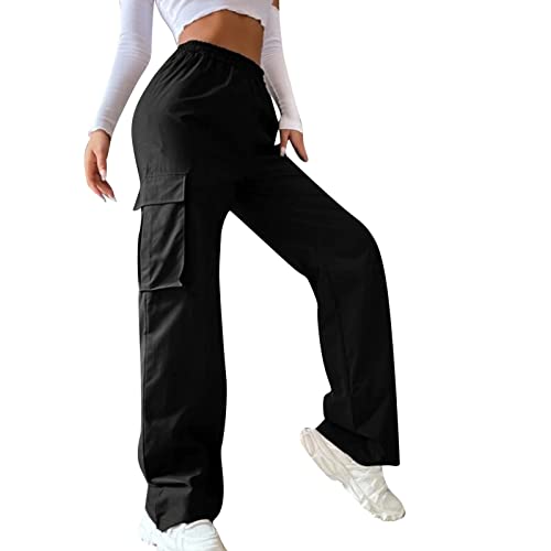 Cargohose Damen Baggy Y2k High Waist Cargo Hose Breites Bein Boyfriend Pants Hip Hop Freizeithose 90er Streetwear für Teenager Mädchen (b-Black, M) von DABASHAN