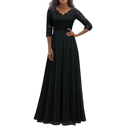 DABASHAN Damen Elegant Abendkleider V-Ausschnitt Hochzeit Cocktailkleid Maxi Brautjunferkleid Chiffonkleid mit Spitzen Festliche Kleider Lang Chiffon Abschlusskleid Spitzenkleid (Black-D, L) von DABASHAN