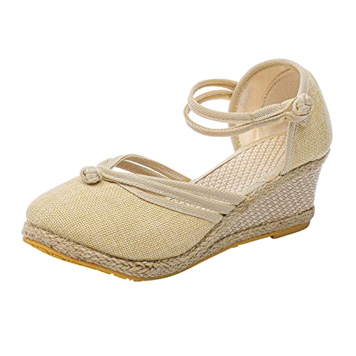 DABASHAN Damen Wedge Espadrilles Keilabsatz Plateau Wedges Sandaletten Bequem Boho Flip Flops Flache Schuhe Lässige Zehentrenner Sommerschuhe Strandschuhe (Beige-A, 37) von DABASHAN