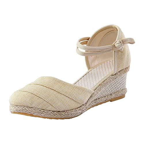 DABASHAN Damen Wedge Espadrilles Keilabsatz Plateau Wedges Sandaletten Bequem Boho Flip Flops Flache Schuhe Lässige Zehentrenner Sommerschuhe Strandschuhe (Beige-B, 38) von DABASHAN