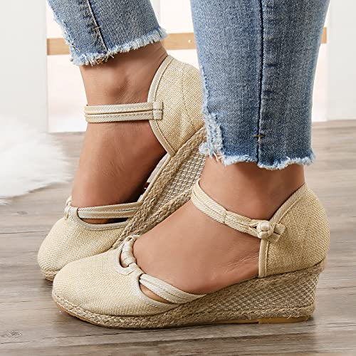 DABASHAN Damen Wedge Espadrilles Keilabsatz Plateau Wedges Sandaletten Bequem Boho Flip Flops Flache Schuhe Lässige Zehentrenner Sommerschuhe Strandschuhe (Beige-D, 37) von DABASHAN