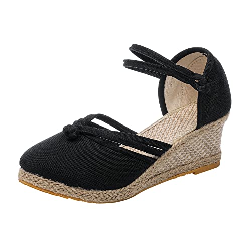 DABASHAN Damen Wedge Espadrilles Keilabsatz Plateau Wedges Sandaletten Bequem Boho Flip Flops Flache Schuhe Lässige Zehentrenner Sommerschuhe Strandschuhe (Black-A, 36) von DABASHAN