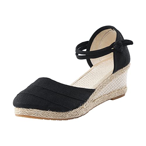 DABASHAN Damen Wedge Espadrilles Keilabsatz Plateau Wedges Sandaletten Bequem Boho Flip Flops Flache Schuhe Lässige Zehentrenner Sommerschuhe Strandschuhe (Black-B, 36) von DABASHAN