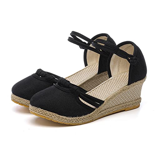 DABASHAN Damen Wedge Espadrilles Keilabsatz Plateau Wedges Sandaletten Bequem Boho Flip Flops Flache Schuhe Lässige Zehentrenner Sommerschuhe Strandschuhe (Black-D, 36) von DABASHAN